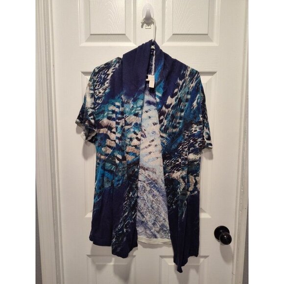 Chicos Fierce‎ Blues Kandyce Cardigan Size 1 US Medium Short Sleeve Open Front - Picture 1 of 12